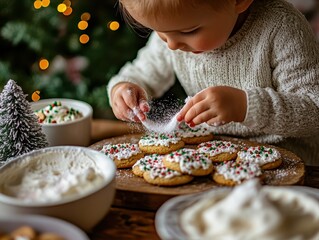 Naklejka premium A toddler sprinkling colored sugar over cookies, surrounded by bowls of frosting and holiday-themed decorations