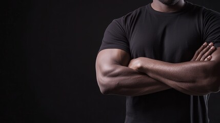 Fototapeta premium Cinematic Portrait of Man with Strong Arms Folded on Ebony Background with Ultra-Detailed Side Lighting
