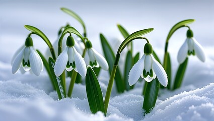 Snowdrops in winter snow close up several fresh delicate white flowers blooming with green stems