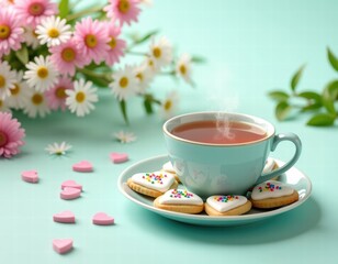Romantic tea setting with heart-shaped sugar cookies and pink daisies. Steaming mint green teacup on matching saucer, decorated cookies with rainbow sprinkles