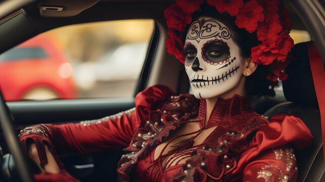 Woman with Skull Makeup Drives Car Wearing Red Floral Headband