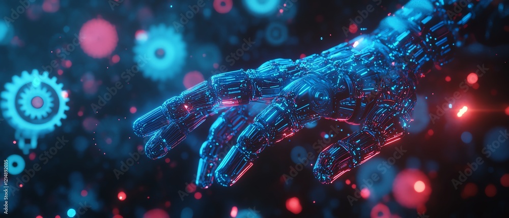Poster automation software concept with digital blue robotic hand and glowing neon gears, 3d rendering on a