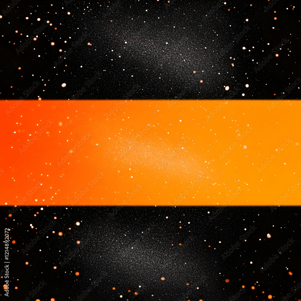 Poster abstract background with orange stripe and sparkling particles on black background.