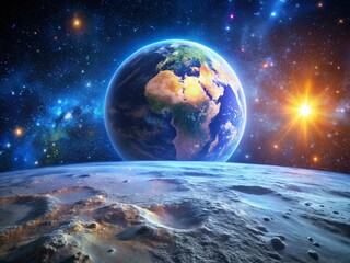 Obraz premium Earthrise Moon Bokeh: Stunning Space Scene, Celestial Wonders, Planetary Beauty, Cosmic Landscape