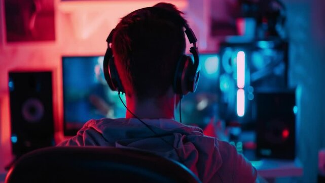 A video of a gamer wearing headphones in front of a brightly lit monitor would be suitable for promoting gaming accessories and cyber sporting events.
