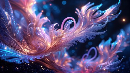 Fototapeta premium Abstract Feathers in Pink and Blue with Glittering Details on Dark Background