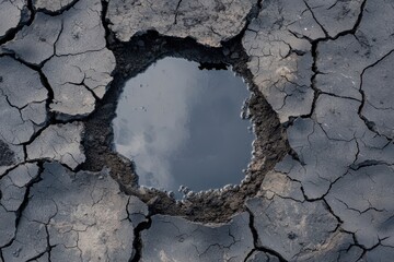 Top-down imagery of cracked, sun-scorched terrain encircling a small, evaporating waterhole, portraying the urgency of addressing global warming and desertification
