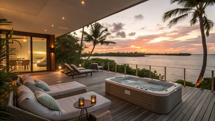 Fototapeta premium Luxury Sunset Hot Tub Deck Tropical Getaway Relaxation