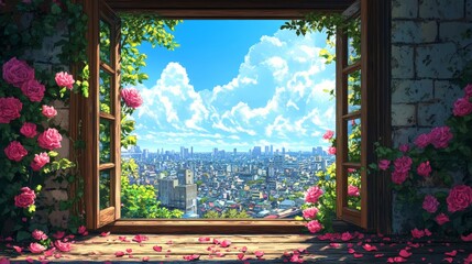 A romantic window adorned with pink roses and hanging heart decorations, symbolizing love and affection. Perfect for Valentine's Day, weddings, romantic decor, and festive designs.
