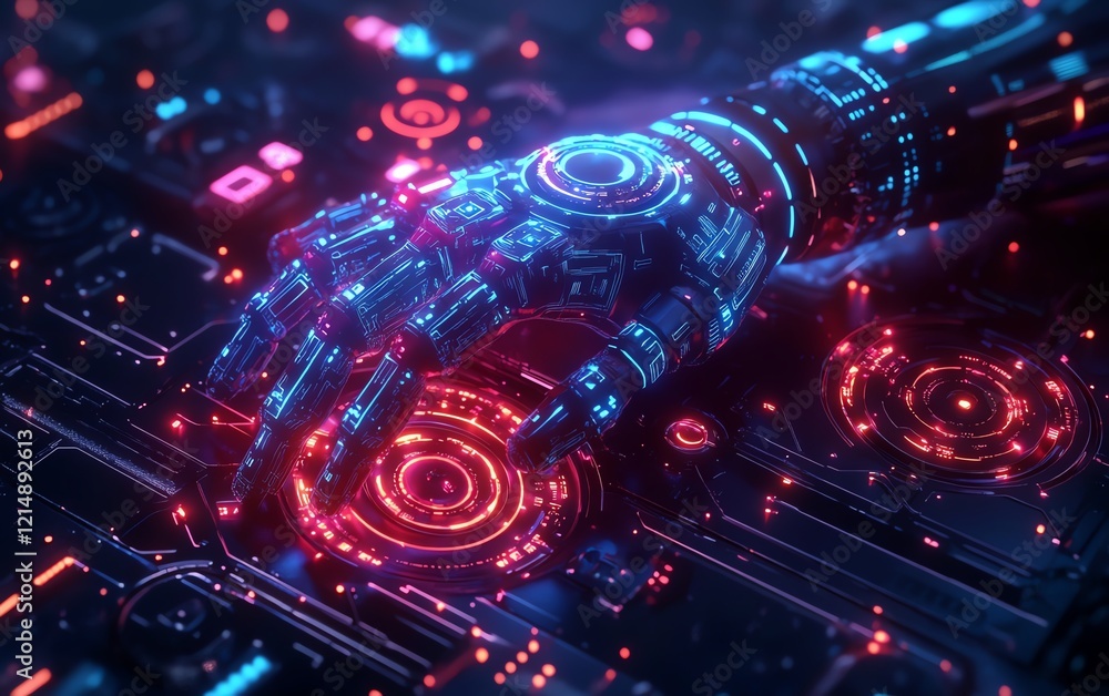 Poster neon glowing gears and digital blue robotic hand, symbolizing automation software, ai, and robotics,