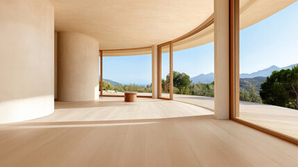 Fototapeta premium spacious interior of contemporary home featuring large windows that offer stunning views of nature. minimalist design emphasizes natural light and serene atmosphere