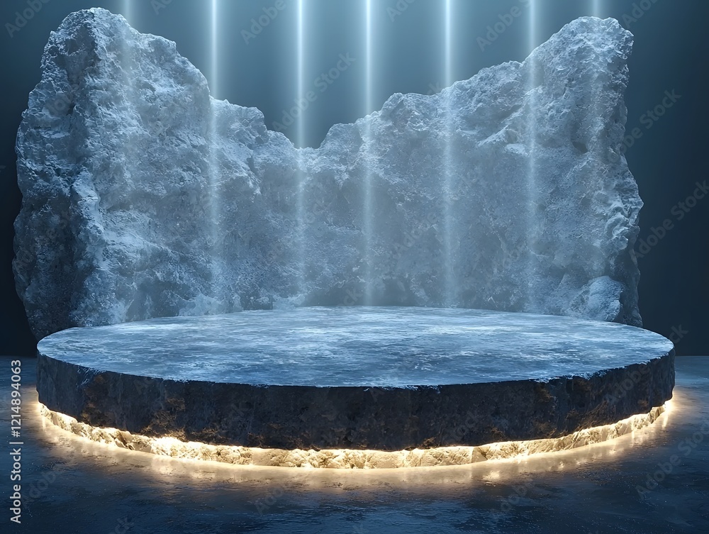 Canvas Prints glowing crystal like podium illuminated by beams of light in misty dark room for product display con