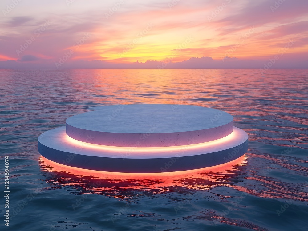 Aufkleber radiant floating podium above glowing water with soft colorful reflection for product display concep