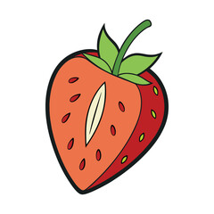 A vibrant strawberry fruit cut in half, revealing its juicy red interior, tiny seeds, and a fresh green leafy cap, showcasing its sweet and luscious core.