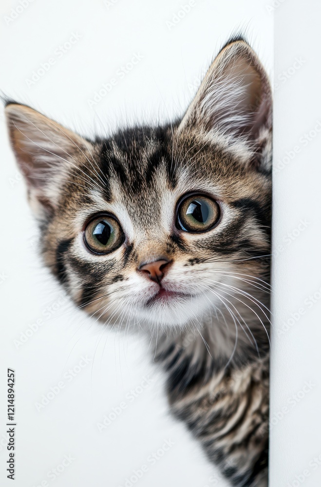 Poster adorable close-up of a curious kitten with striking eyes and distinctive fur patterns peeking around