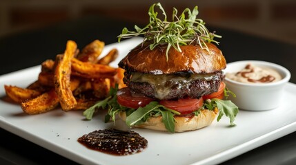 Cheese burger - American cheese burger with fresh salad on wooden table