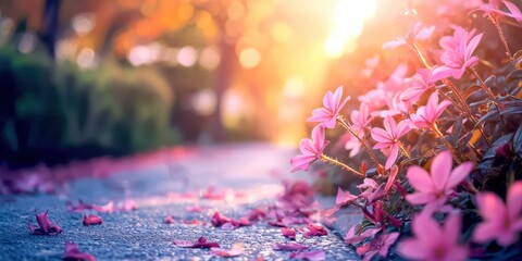 Path with pink flowers and leaves on the ground