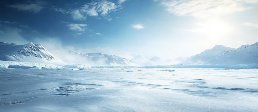 Dramatic depiction of blizzards sweeping across an icy terrain in the Arctic. 