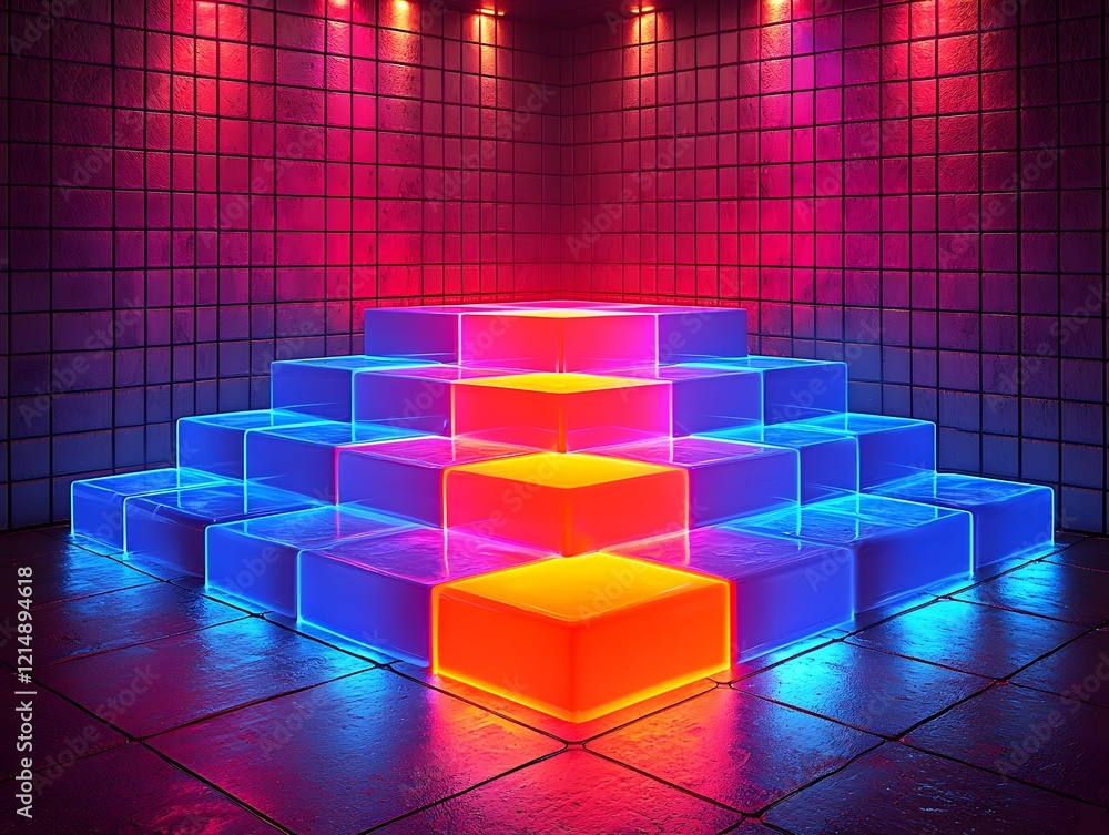 Aufkleber vibrant glowing cube podium with futuristic grid pattern background for product showcase
