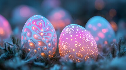 Glowing Easter eggs with intricate patterns and vibrant colors, symbolizing festivity and the joy of spring. High quality illustration