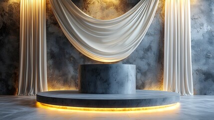 Brushed Steel Podium Framed by Cascading White Fabric under Soft Spotlights for Product Display