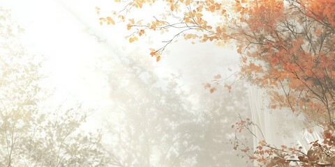 Dreamy Autumnal Forest Scene Misty Branches with Golden Leaves and Sheer Fabric