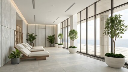 Fototapeta premium Luxury Spa Lounge Ocean View Tranquil Resort Interior Design