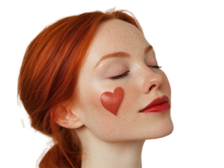 Isolated Redhead Woman with Heart on Cheek