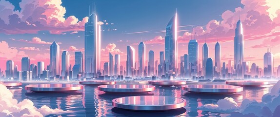 Obraz premium Bright cityscape with floating circular platforms silver skyscrapers and soft pink horizon illustration background design