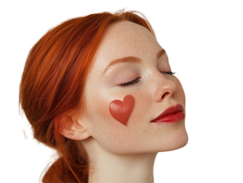 Isolated Redhead Woman with Heart on Cheek