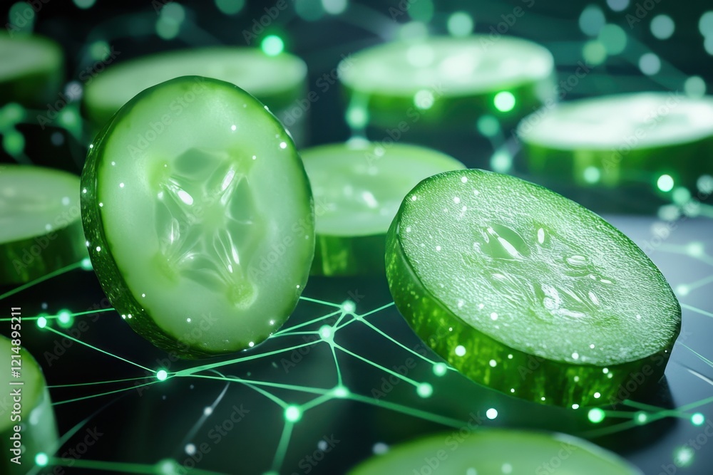 Poster slices of cucumber with digital network background showcasing fresh produce innovation