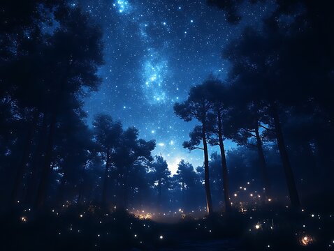 Starry night sky over a dark forest with fireflies.