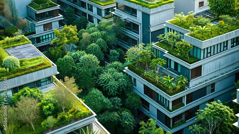 Poster modern eco houses feature rooftop gardens and greenery, blending seamlessly with surrounding trees. 