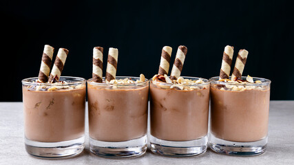 Chocolate panna cotta pudding in a glass. Delicious dessert for the holiday