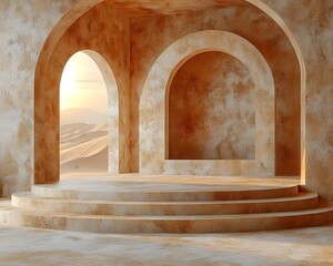 Fototapeta premium Radiant Podium in Serene Desert Landscape for Product Display and Promotion Concept