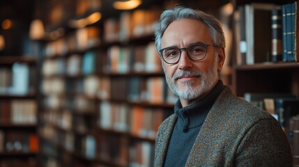 Fototapeta premium A professional man in a classic library setting, showcasing expertise, knowledge, and elegance. Perfect for educational, biographical, or corporate uses.