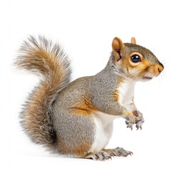 Cute squirrel sits on white background. Adorable bushy tail. Grey, brown fur. Small creature. Wildlife photo. Animal portrait. Studio shot. Nature image. Squirrel looks playful. Squirrel eating nut.