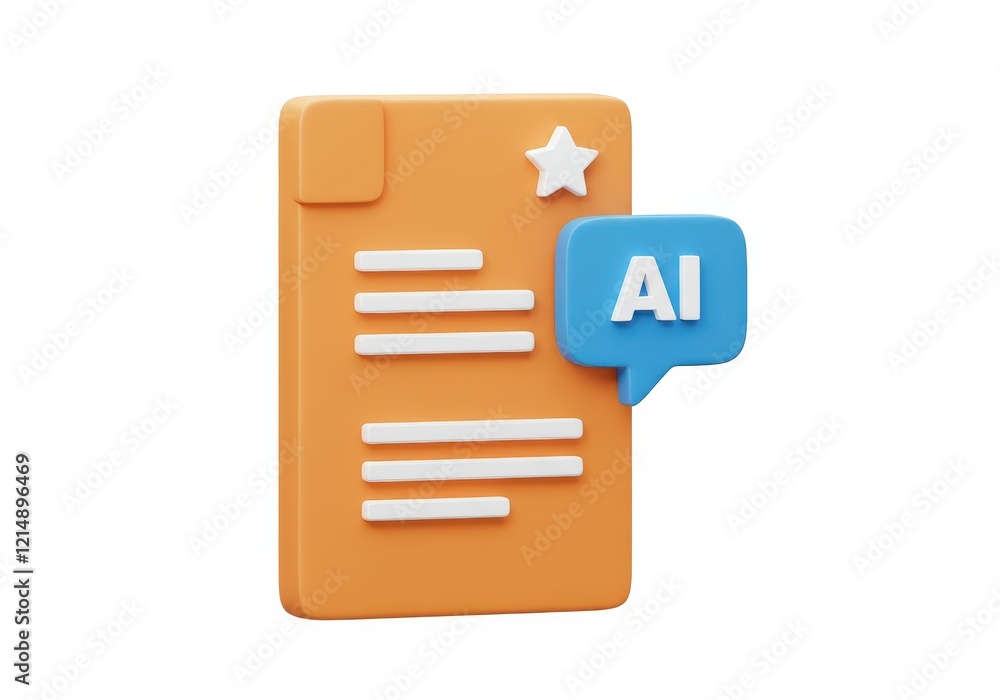 Poster a 3d rendered orange document with white horizontal lines representing text a blue speech bubble fea