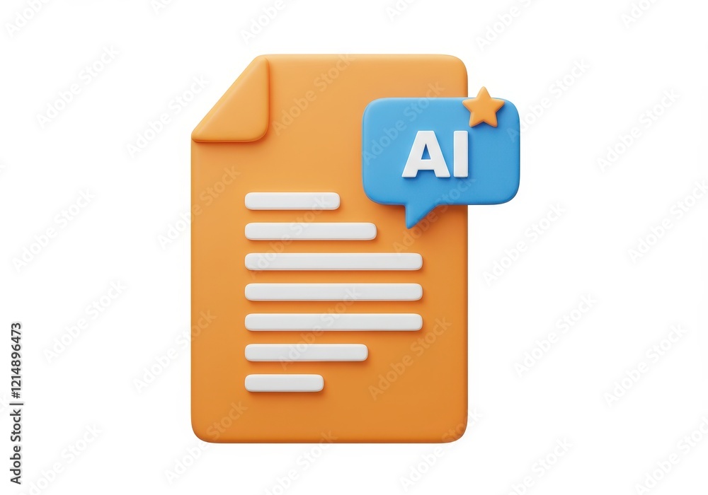 Poster a 3d rendered orange document with white horizontal lines representing text a blue speech bubble fea
