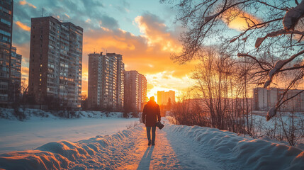 Fototapeta premium Silhouetted person walking on a snow-covered path, framed by buildings and trees at a vibrant winter sunset