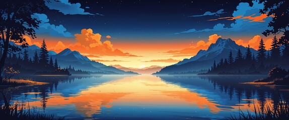 Dark blue sky fading to orange over peaceful lake illustration background design