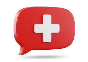 Fototapeta premium A 3D rendered red speech bubble with a raised white medical cross in the center isolated on white background