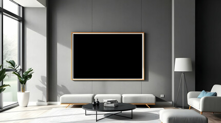 Frame mockup. Living room wall poster mockup on plain white. Interior mockup background. Modern interior design. 3D realistic rendering