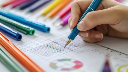 A close-up of a hand drawing homomorphism-related graphs on graph paper, surrounded by colorful pens and rulers