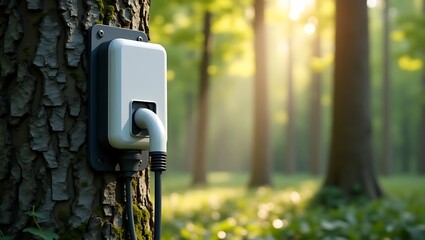 Electric vehicle charging station mounted on a tree in a forest surrounded by nature