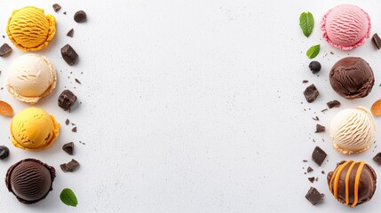 Close-up of vibrant ice cream scoops in different colors and textures, highlighting toppings like chocolate chunks and caramel ribbons