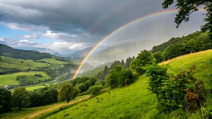 Fototapeta premium Double Rainbow over Lush Green Valley Landscape