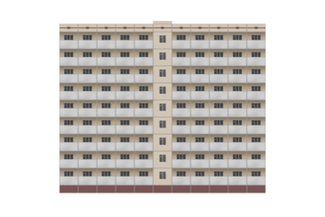Prefabricated multistorey apartament building with many balconies and rectangular windows is isolated. Nine storey beige tiles laied building.