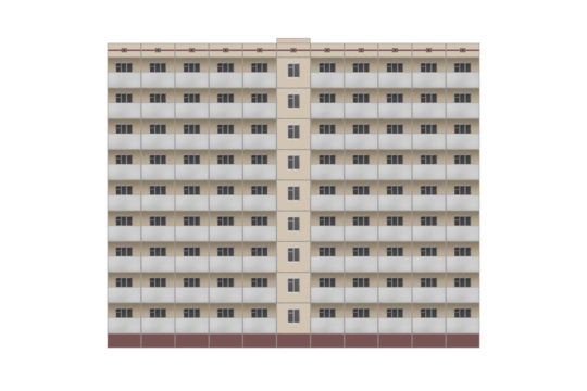 Prefabricated multistorey apartament building with many balconies and rectangular windows is isolated. Nine storey beige tiles laied building.