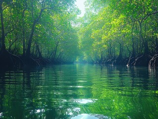 Serene Mangrove Forest Scene with Lush Greenery and Reflective Water Surface